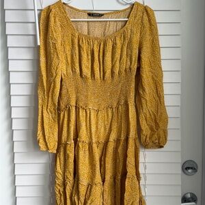 Yellow Floral Smocked Tiered Long Sleeve Dress
